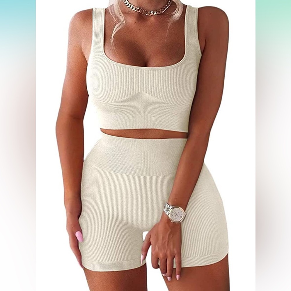 Workout Sets Ribbed Tank 2 Piece Seamless High Waist Gym Outfit Yoga Shorts Sets